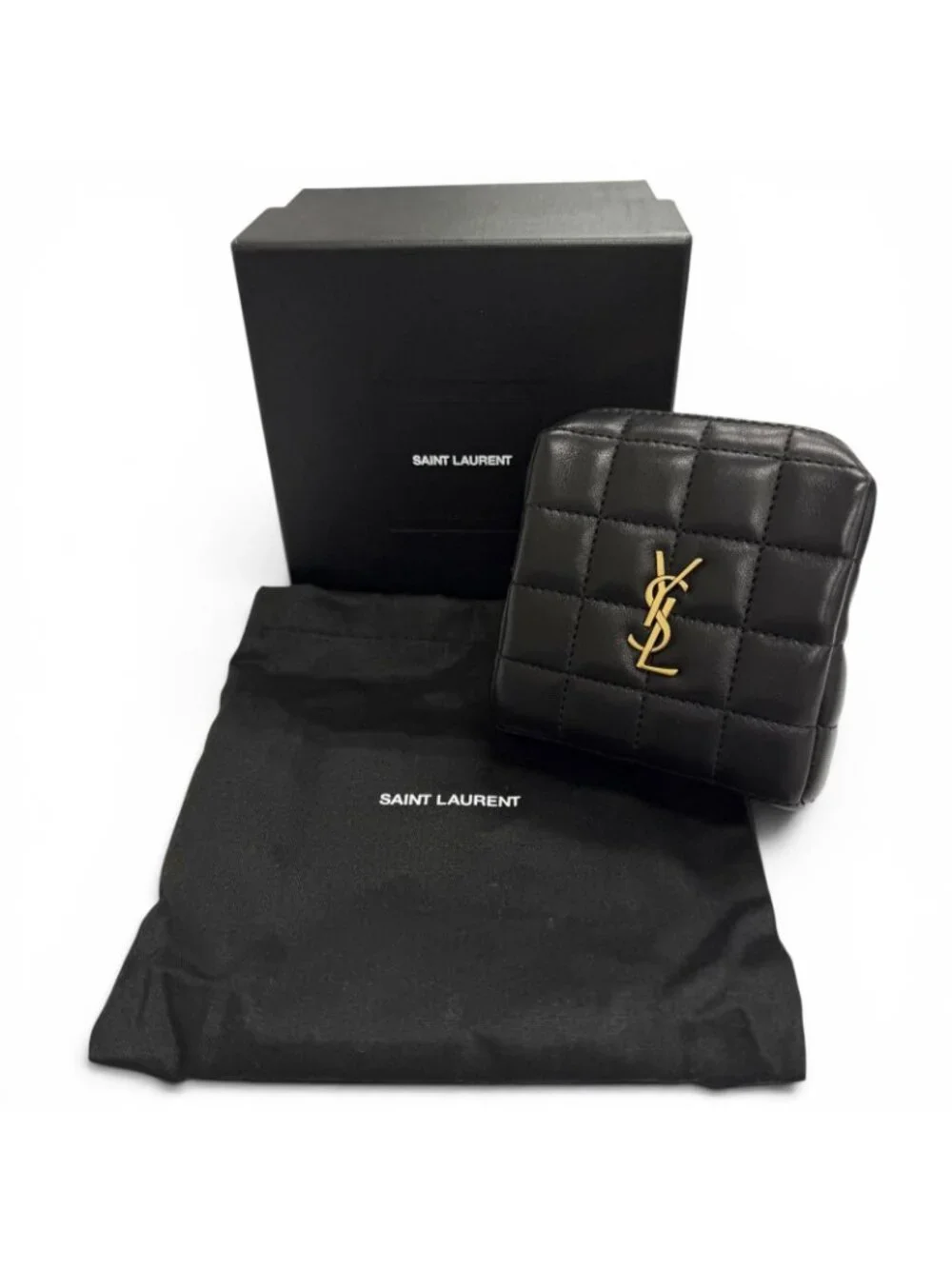 Saint Laurent Paris Cassandra Logo Square Leather Quilted Pouch Black